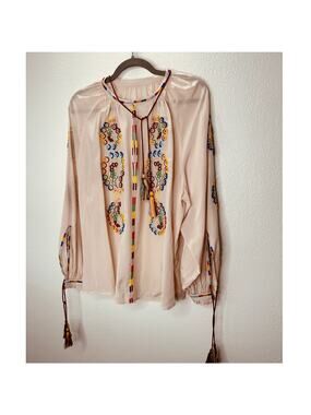 Fortela Ghodsi Tan Multicolor Beade Embroider Print Peasant Blouse 40